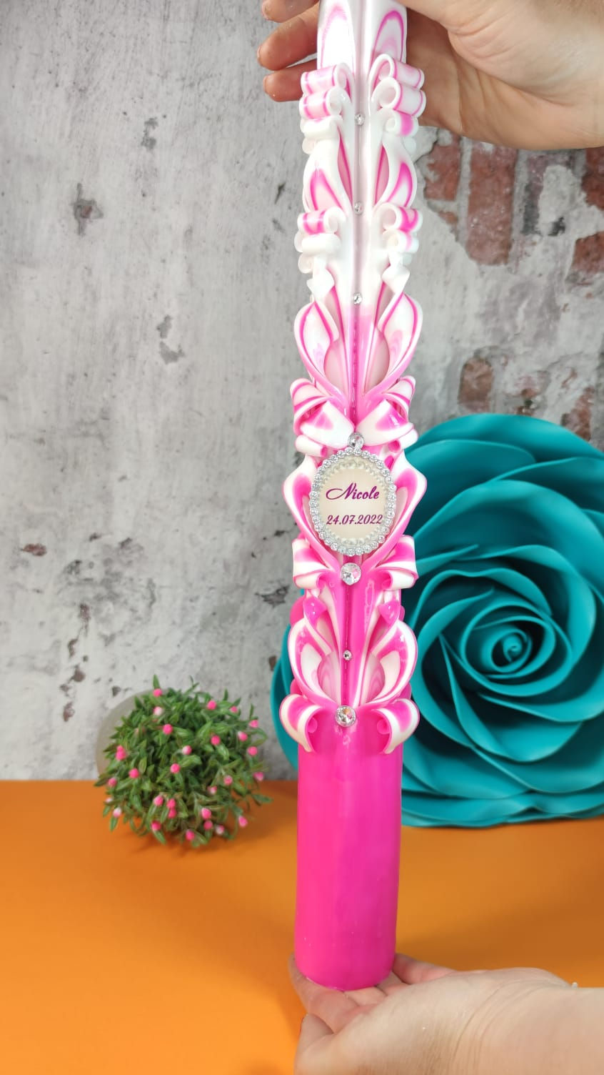 Geschnitzte Kerze | Taufe | Kommunion | Konfirmation | Rosa