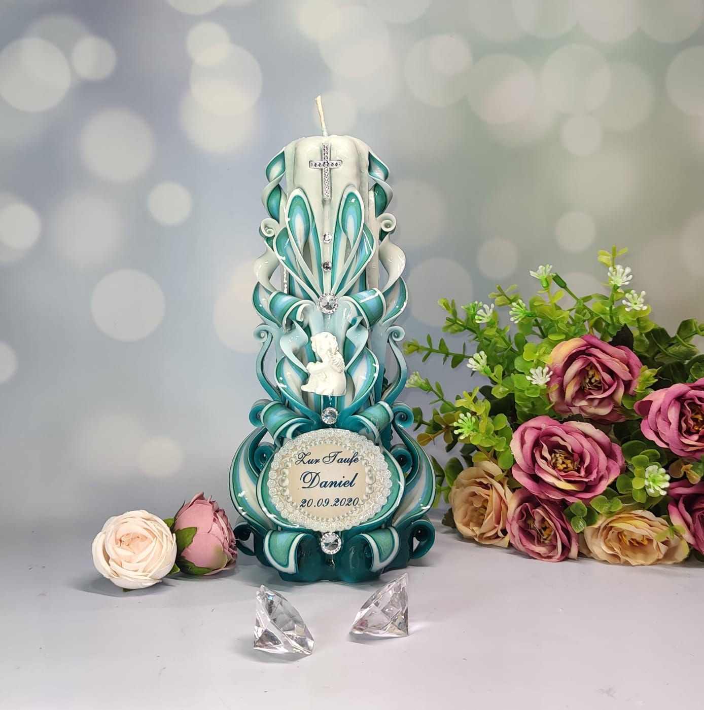 Geschnitzte Kerze | Taufe | Kommunion | Konfirmation | türkis
