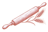 Illustration rose cuivré d’un rouleau à pâtisserie et d’épis de blé