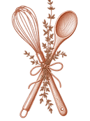 Illustration rose cuivré d’un fouet et d’une cuillère avec des fines herbes