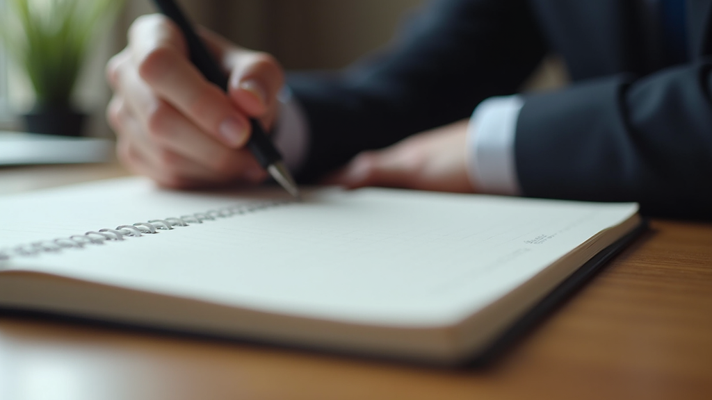 Close-up view of a notebook and pen on a table during a conversation