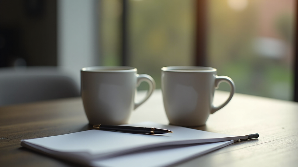 Close-up view of two coffee mugs on a table with a notebook and pen