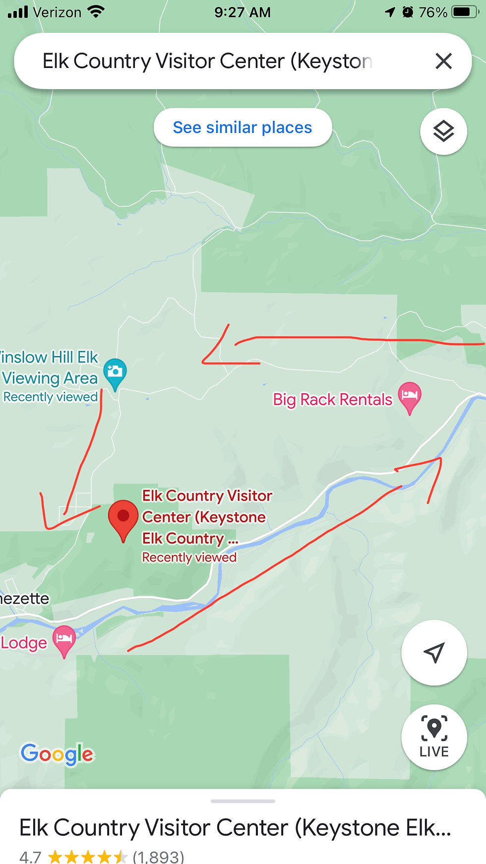 A screenshot of Benezette, PA on Google Maps