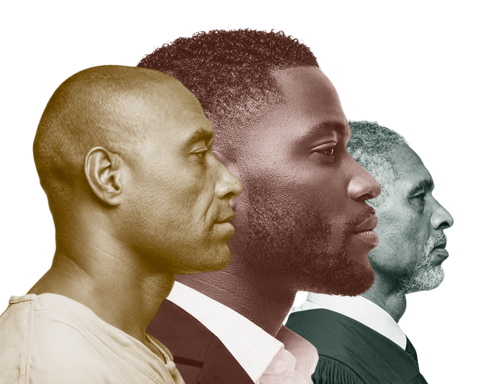 Three men in profile, each facing right. The left man in a beige shirt, middle in a suit, right older in a judicial robe. White background.