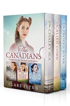 Box set of Clare Flynn's Canadians series. Three books inside a sleeve with an image of a serene woman against a blue sky.
