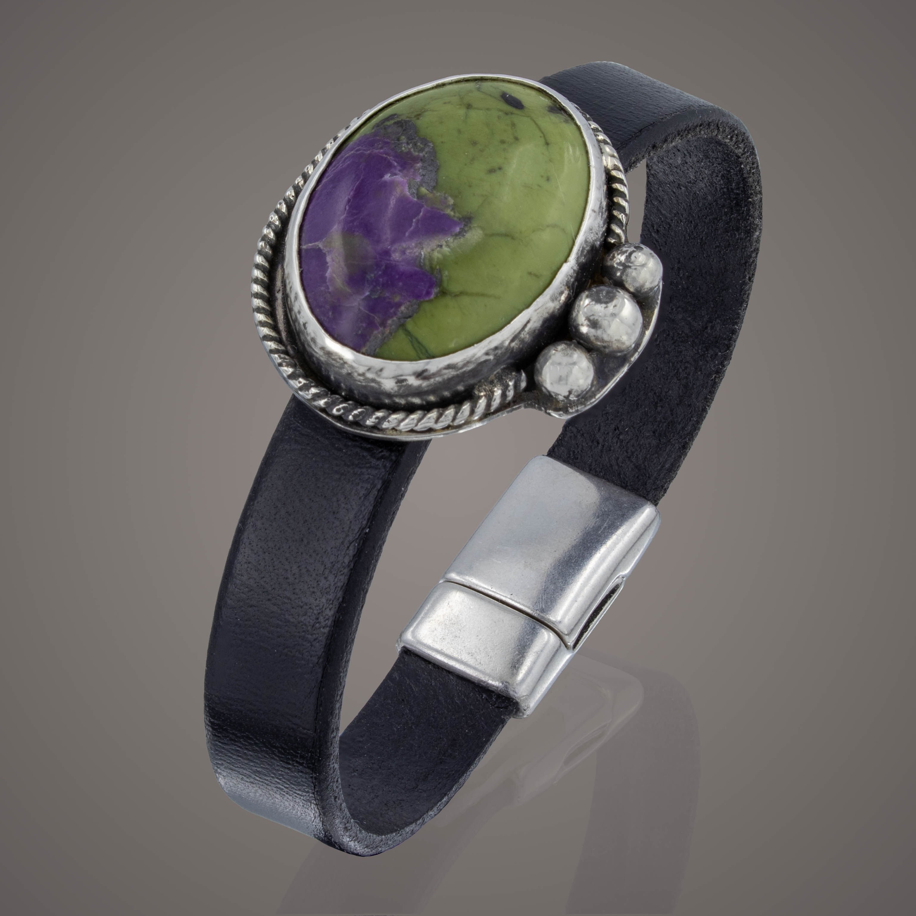 Purple Stichtite & Green Sepentine leather bracelet