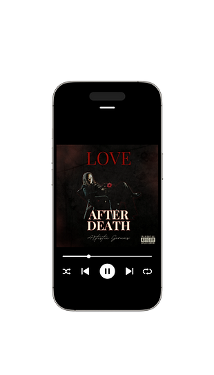 iPhone displaying the Love After Death album cover by Artistic Genius, a spoken word project about grief, healing, and transf