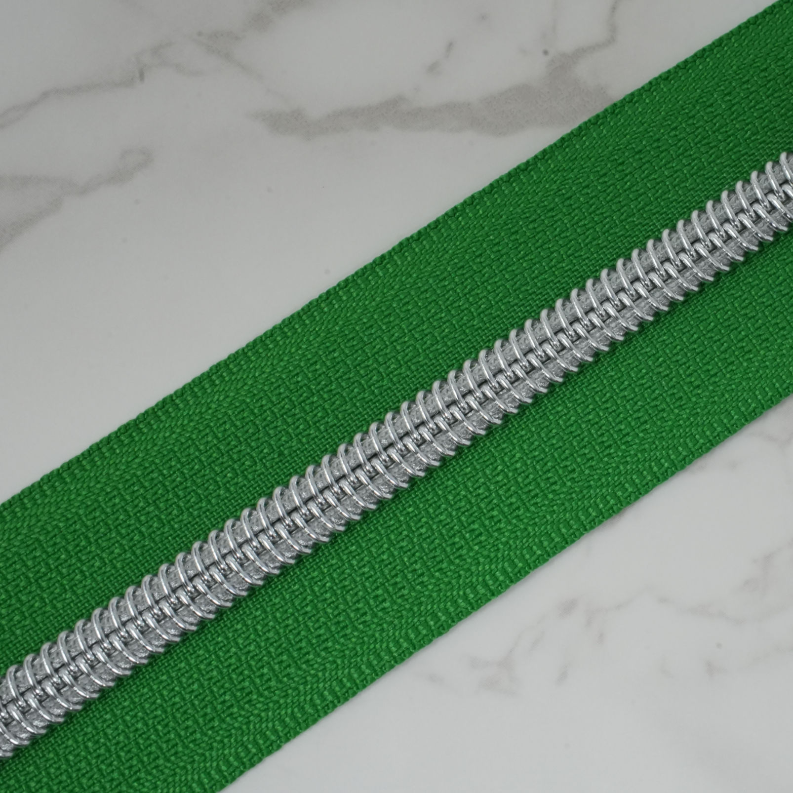 #5 Zipper Tape - GREEN WITH ENVY with Silver Nylon Coils