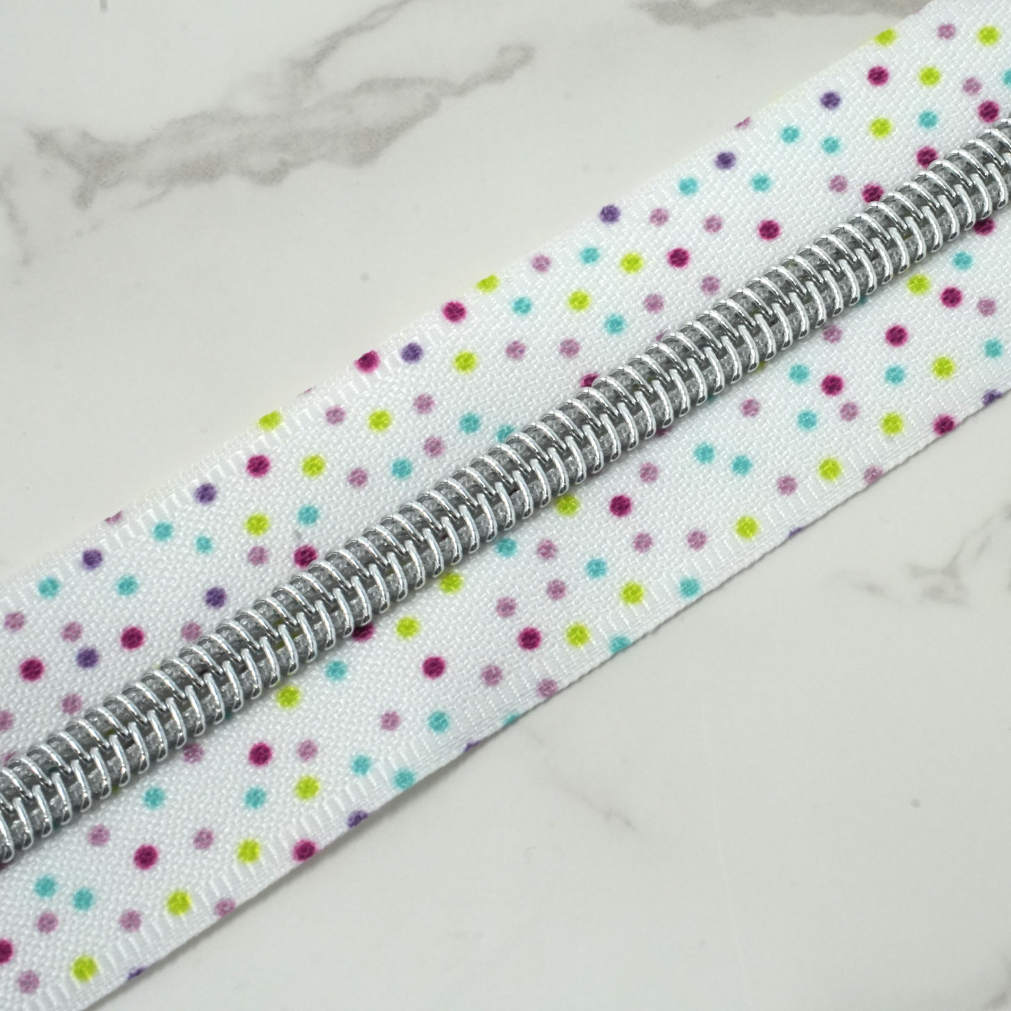 #5 Zipper Tape - COLORFUL WHIMSY DOTS with Silver Nylon Coils