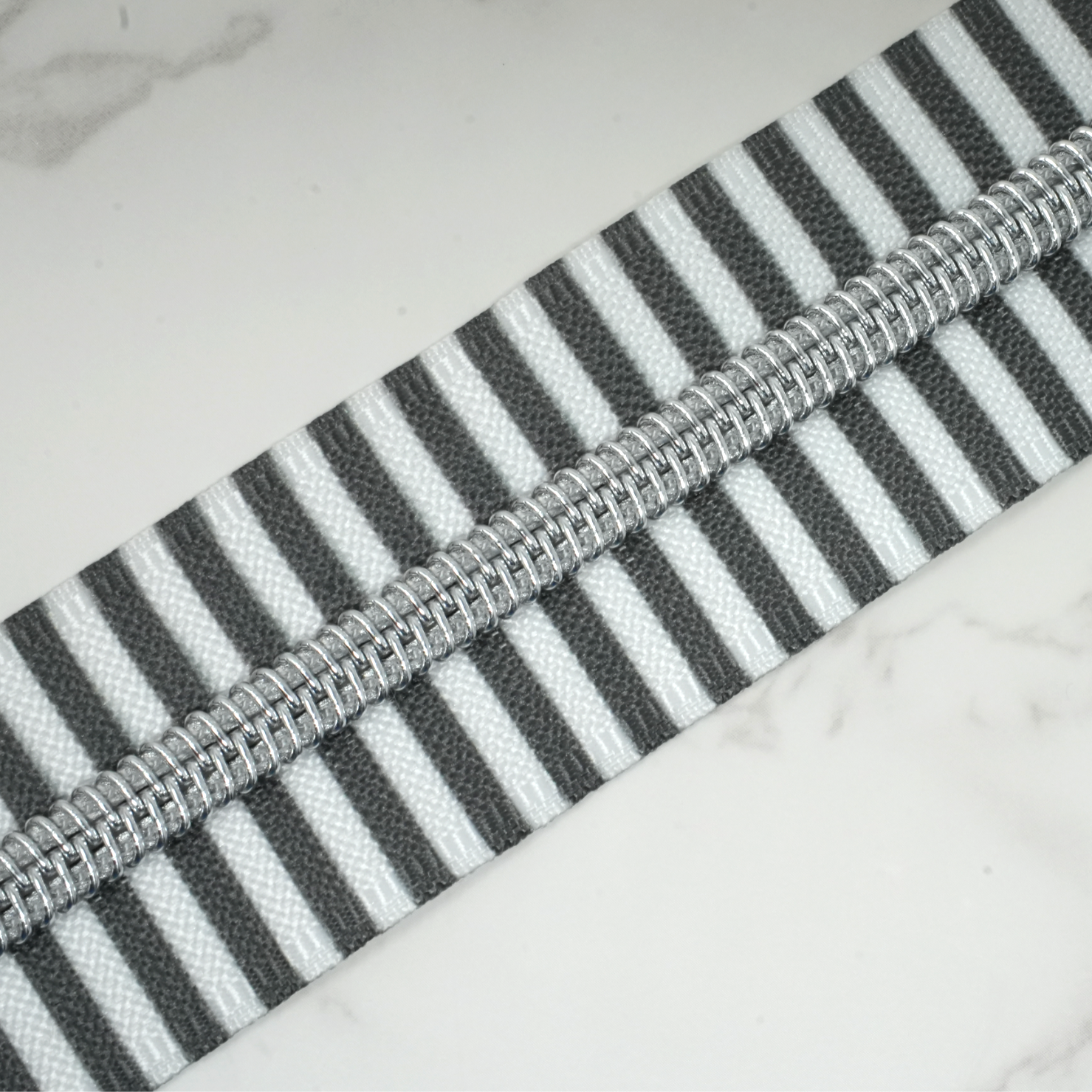 #5 Zipper Tape - GREY MINX STRIPES with Silver Nylon Coils
