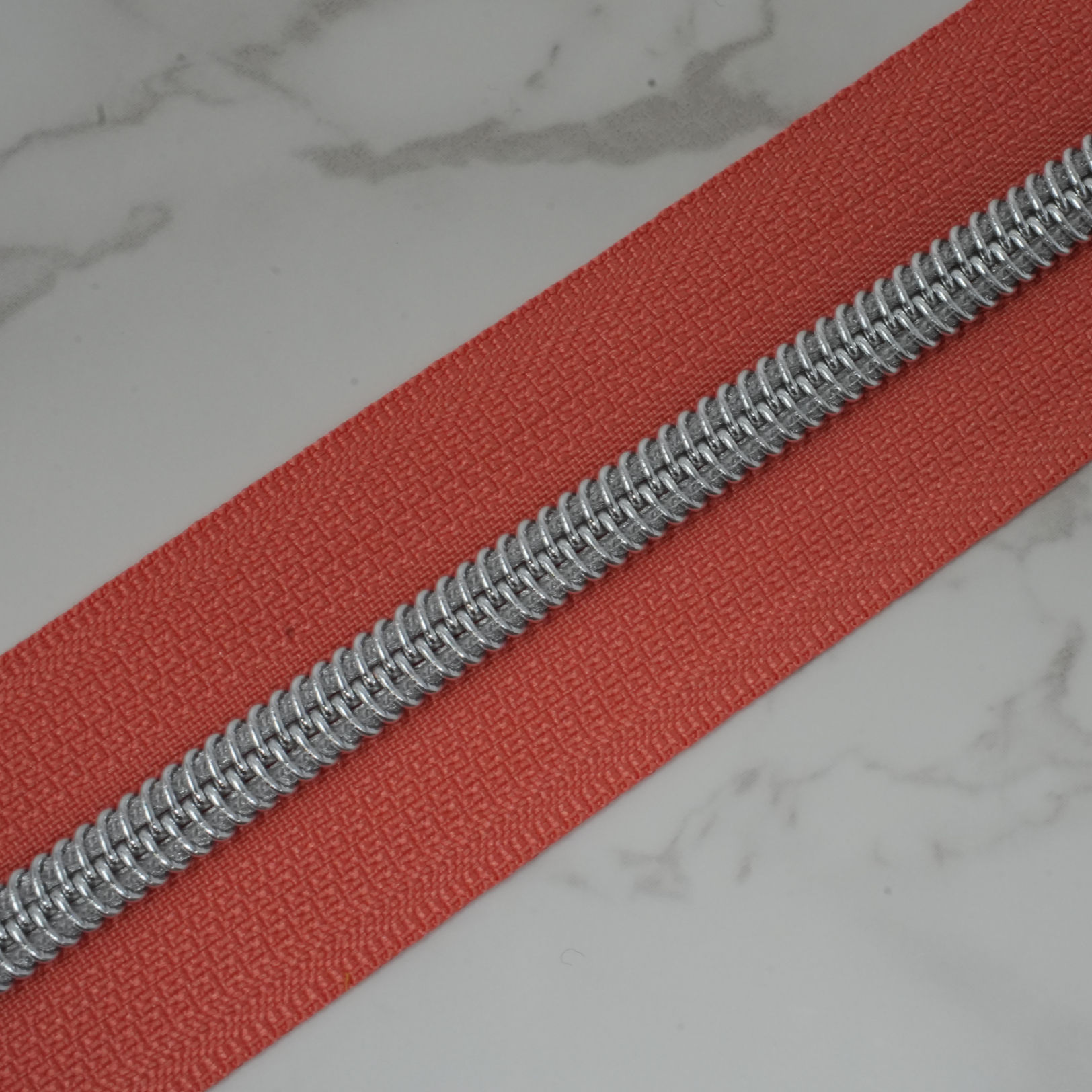 #5 Zipper Tape - CORAL with Silver Nylon Coils