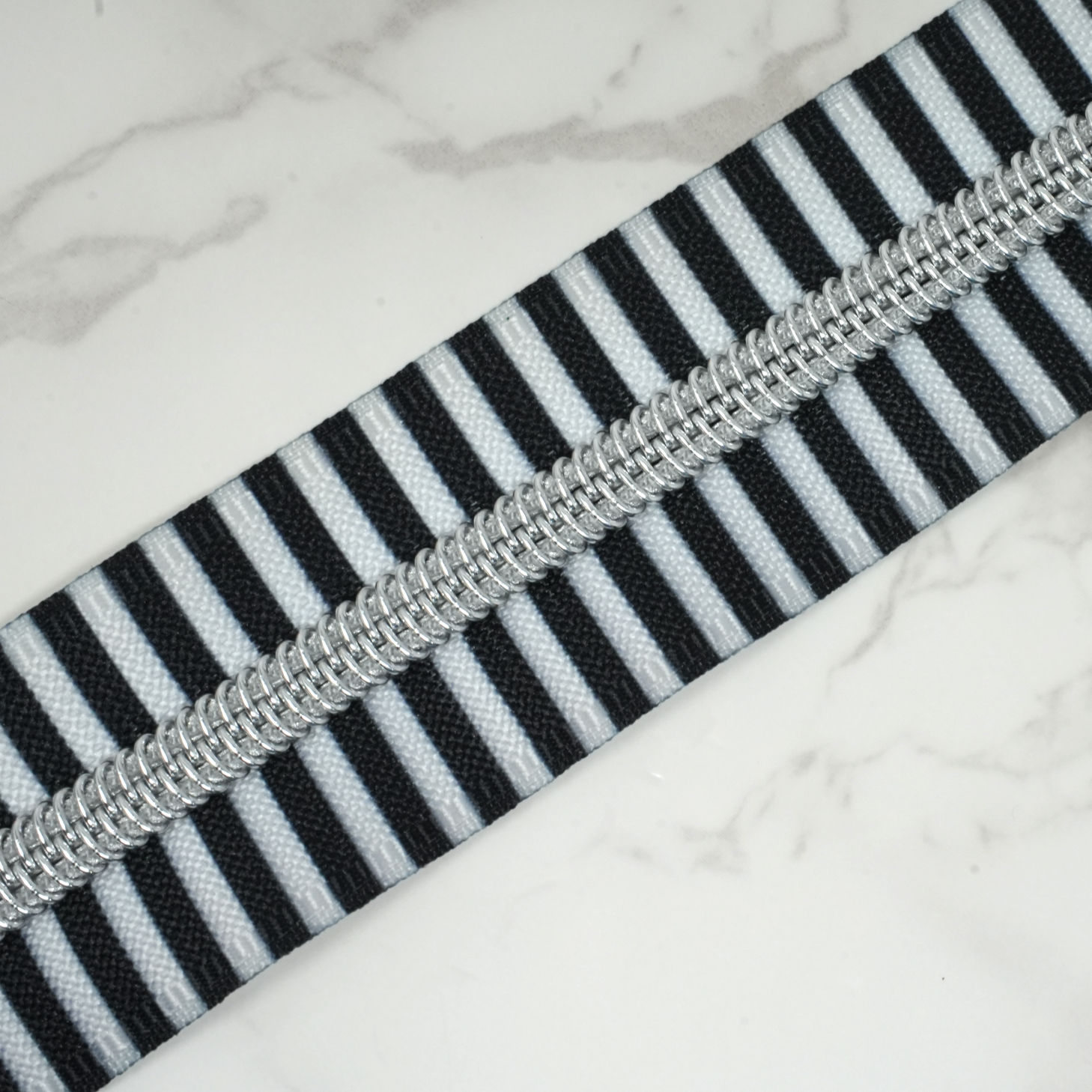 #5 Zipper Tape - PLAYFUL PANDA STRIPES with Silver Nylon Coils