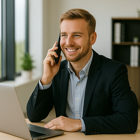 miling professional man in a suit speaking on the phone at his desk with a laptop, representing reliable customer service and support.
