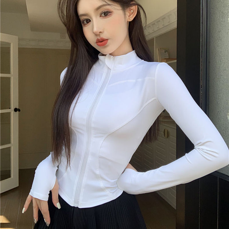 Miniatura: Cropped Feminino Manga Longa com Zíper – Modelagem Justa, Estilo Fitness e Ca
