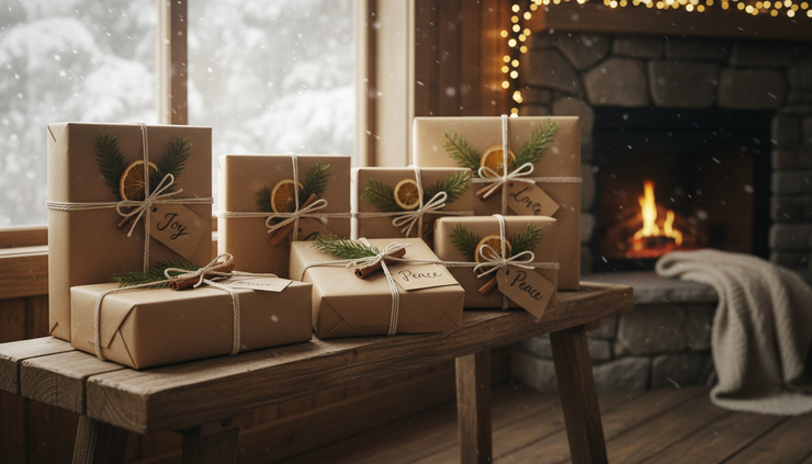 Eye-level view of Scandinavian style Christmas gifts on a wooden bench.