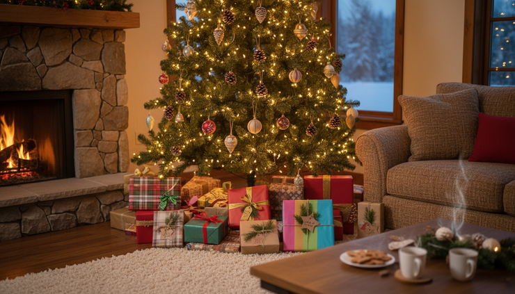 Wide-angle view of a decorated Christmas tree with globally inspired wrapped gifts underneath.