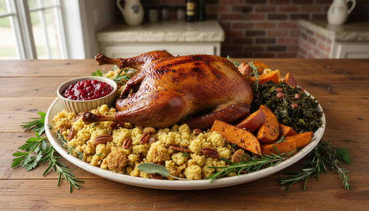 Overhead view of a roasted duck with cornbread dressing and sweet potatoes on a Thanksgiving table