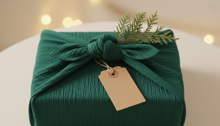 Close-up of a Christmas gift wrapped in furoshiki cloth.