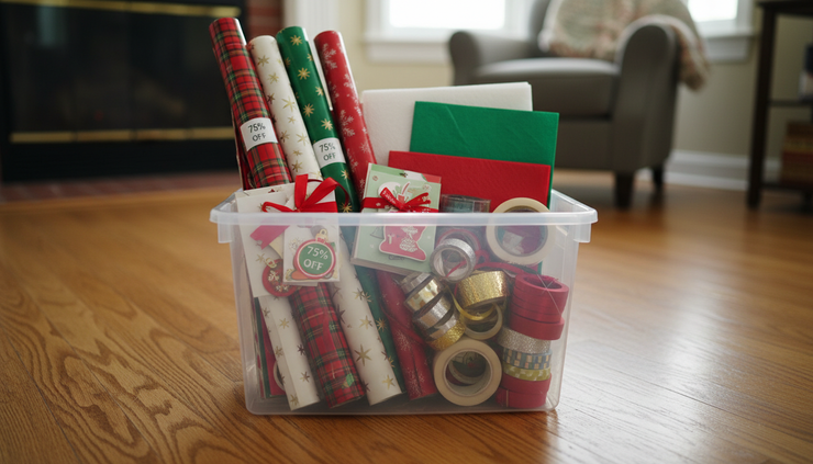 Close-up view of a storage bin filled with gift wrap, tags, and ribbon after a January sale