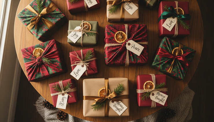 Overhead view of wrapped Christmas gifts inspired by global traditions.
