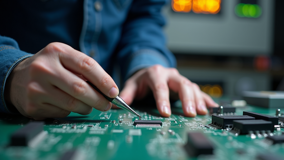 Close-up view of an electrician working on a circuit board