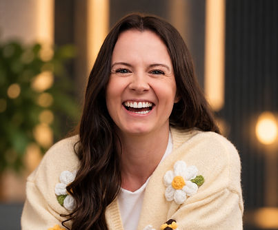 Joyful Woman in a Floral Bee Cardigan_ed
