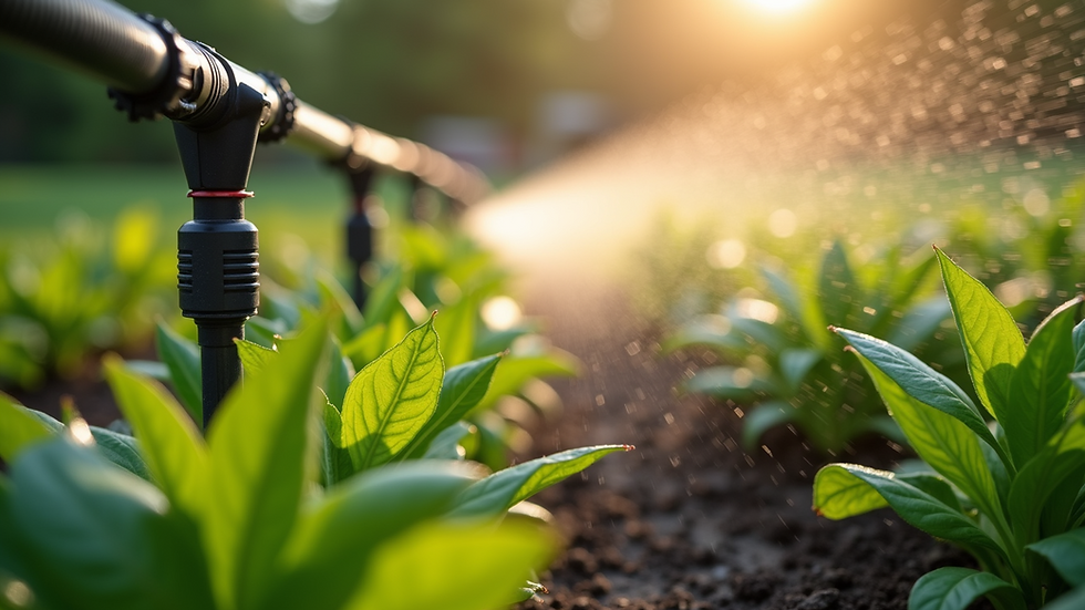 High angle view of a garden with drip irrigation system watering plants