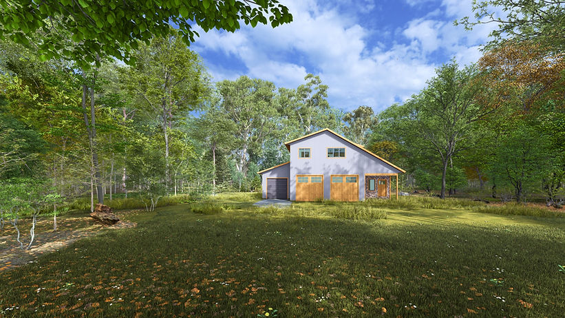 a powder blue garge apartment set in a wooded field