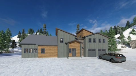 a modern ski cabin with mountains in the background