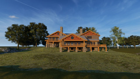 A large arts and crafts cabin on the lakeshore with trees in the background