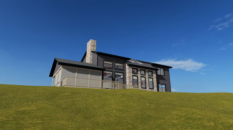 A two story cabin with a blue sky and green grass