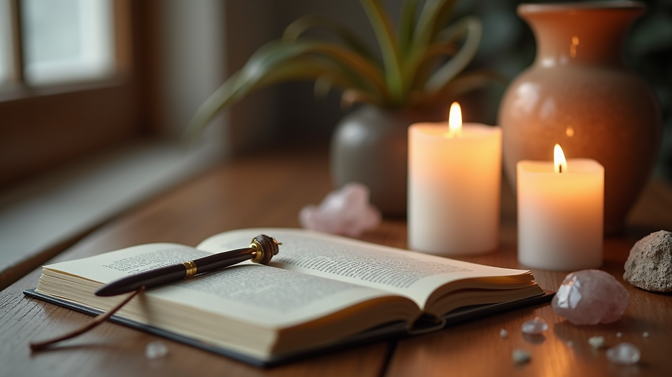 Close-up view of a meditation altar with candles, crystals, and a journal
