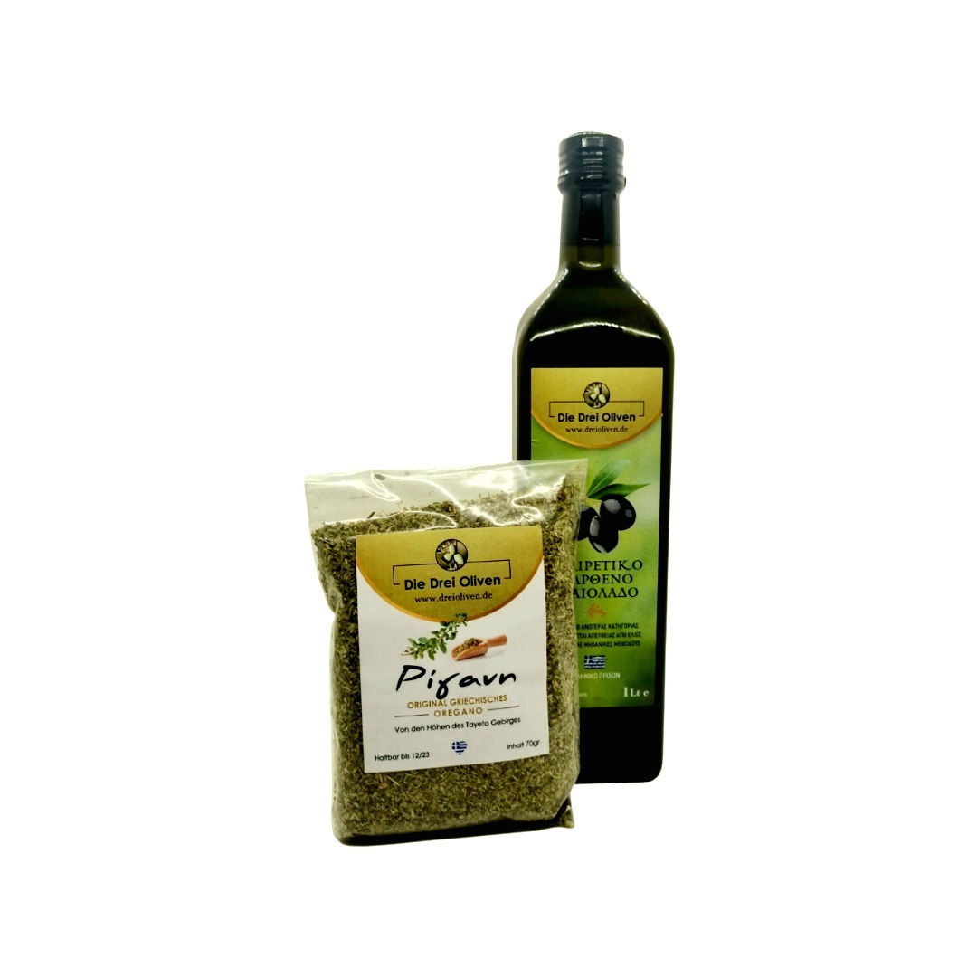 Im Vordergrund ein Beutel mit 50g Oregano, dahinter eine Marasca Flasche Inhalt 1 Liter Olivenöl