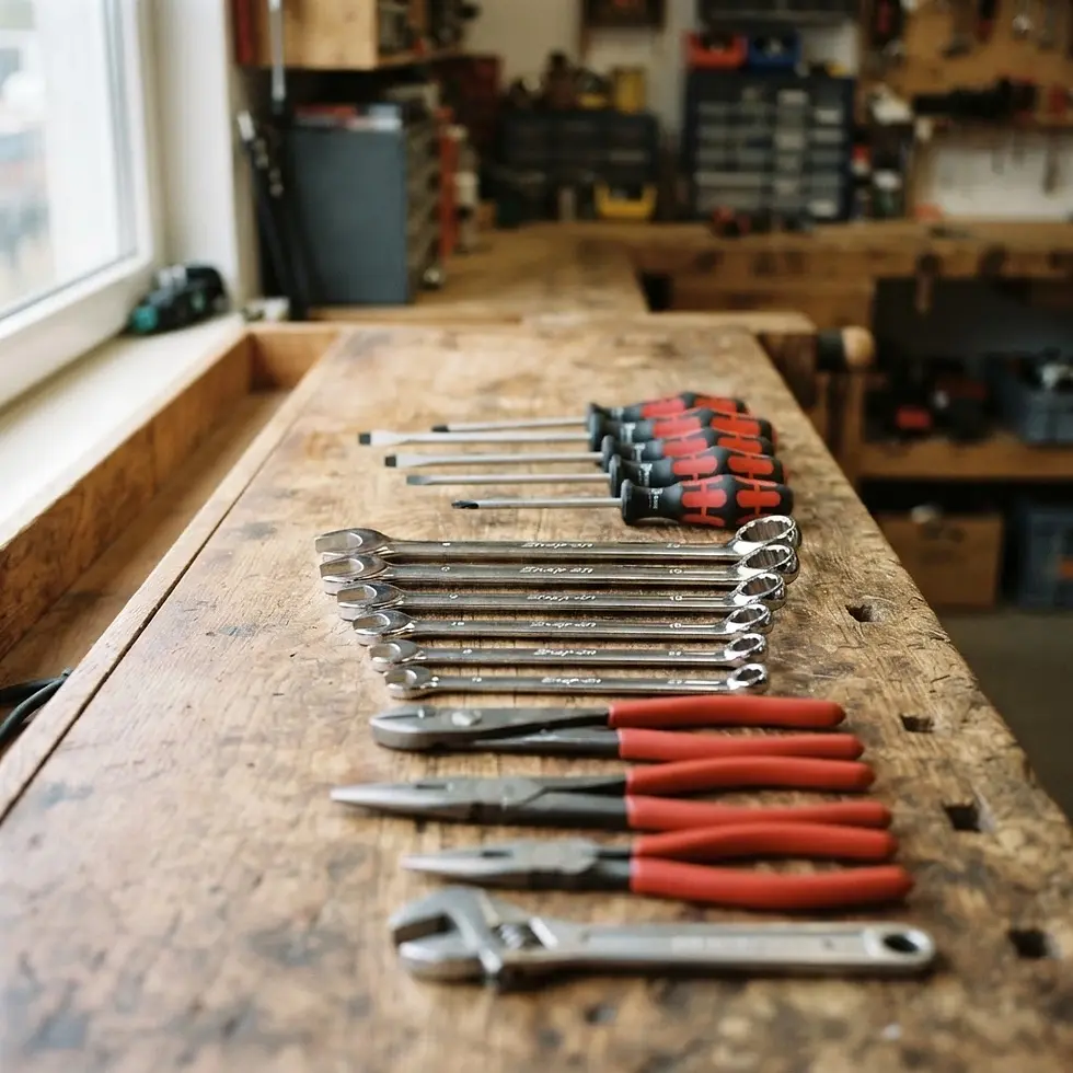 Object photography featuring a collection of hand tools, including screwdrivers, wrenches, and pliers, neatly arranged on a wooden workbench in a workshop.