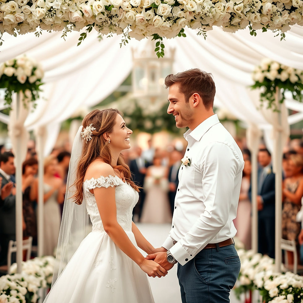 a happy young European couple in their wedding, standing under a decorated canopy with whi