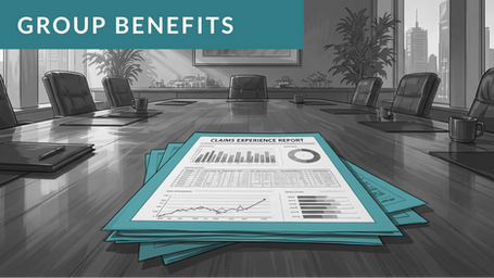 Group benefits illustration of a Claims Experience Report with charts and graphs resting on a boardroom table.
