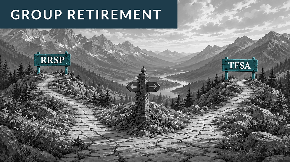 Group retirement illustration of two stone paths diverging at a signpost, one marked RRSP and the other TFSA, set against a mountain valley landscape.