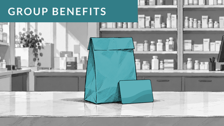Group benefits illustration of a prescription drug bag and a benefits card on a pharmacy counter, with medication shelves in the background.