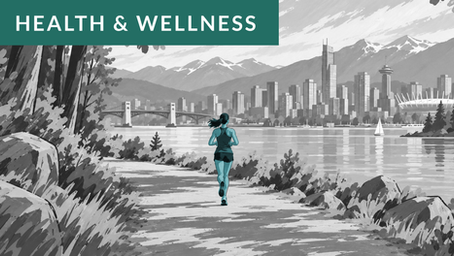 Health & wellness illustration of a person jogging on a path with trees and the Vancouver cityscape in the background.