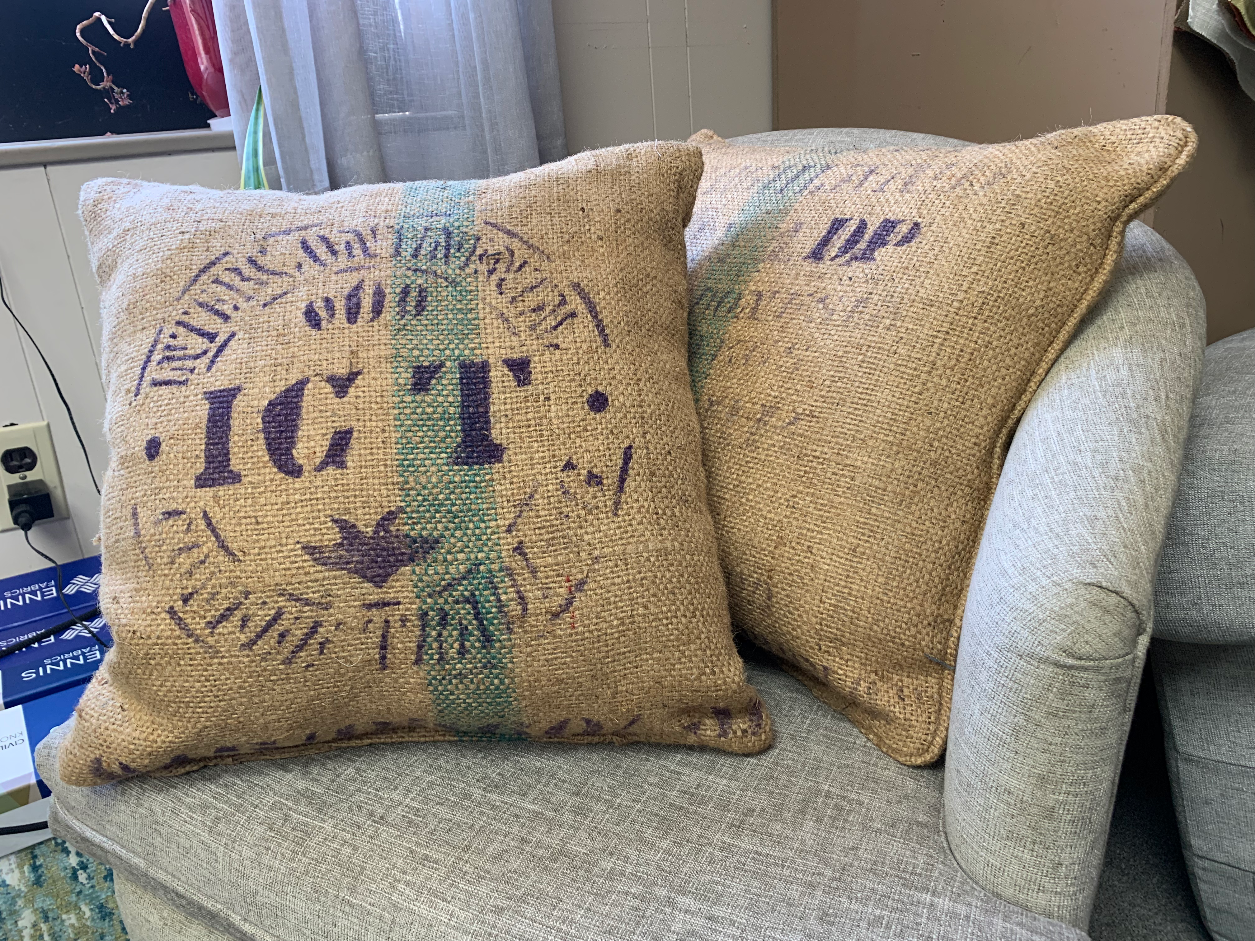 Upcycled Coffee Bean Bag Cushions