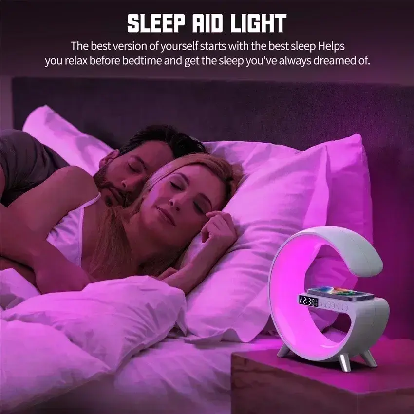 Thumbnail: Wireless Charger Stand Stereo Bluetooth Speaker RGB Night Light Lamp Alarm Clock