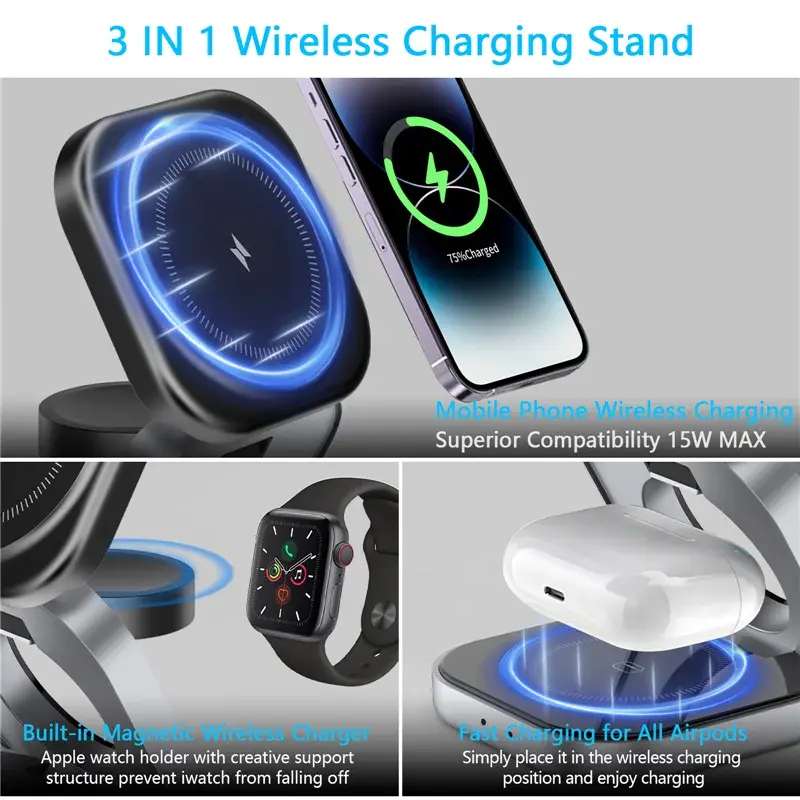 Thumbnail: Foldable 3 In 1 Fast Magnetic Wireless Charger Stand Pad Magnet Wireless Chargin