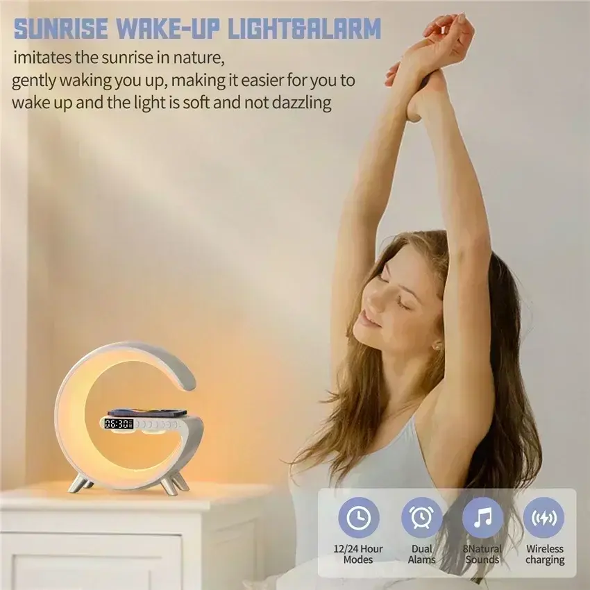 Thumbnail: Wireless Charger Stand Stereo Bluetooth Speaker RGB Night Light Lamp Alarm Clock