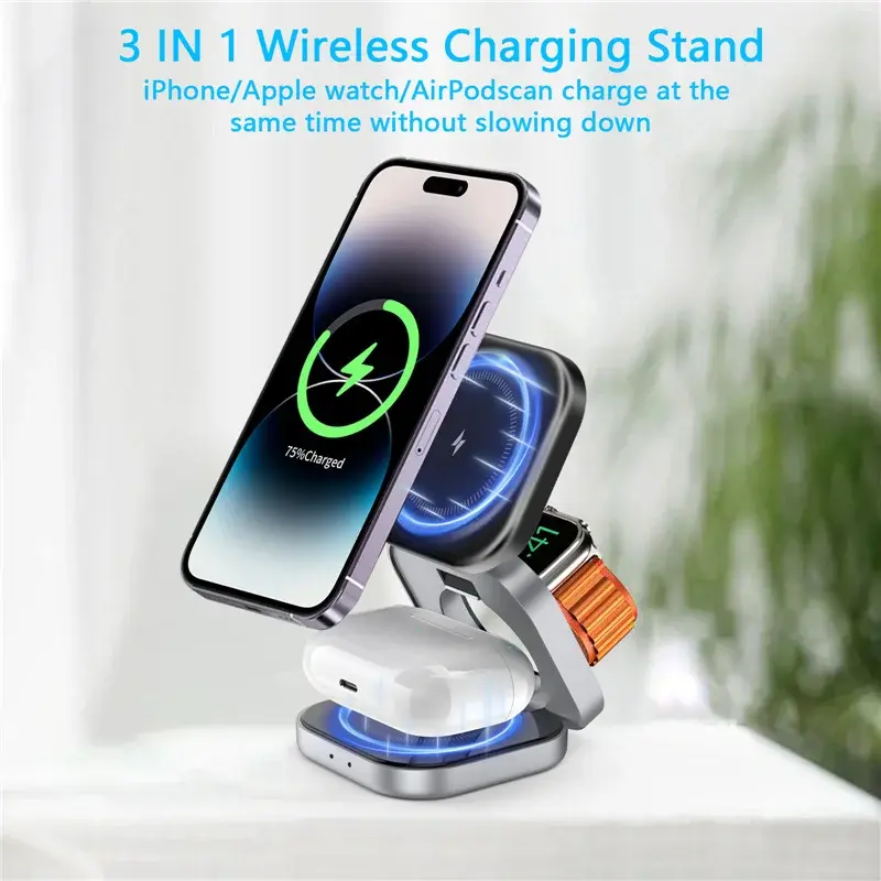 Thumbnail: Foldable 3 In 1 Fast Magnetic Wireless Charger Stand Pad Magnet Wireless Chargin
