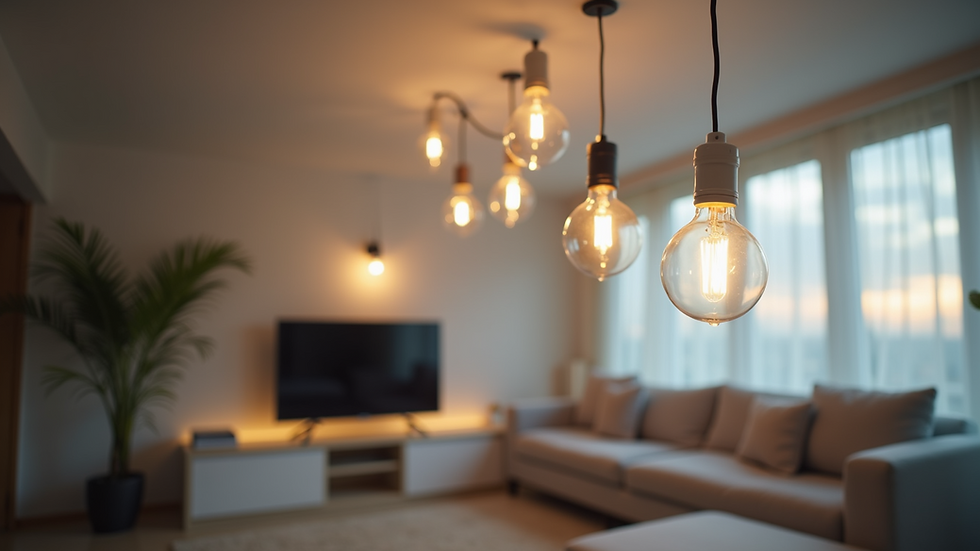 Eye-level view of smart bulbs installed in a living room ceiling