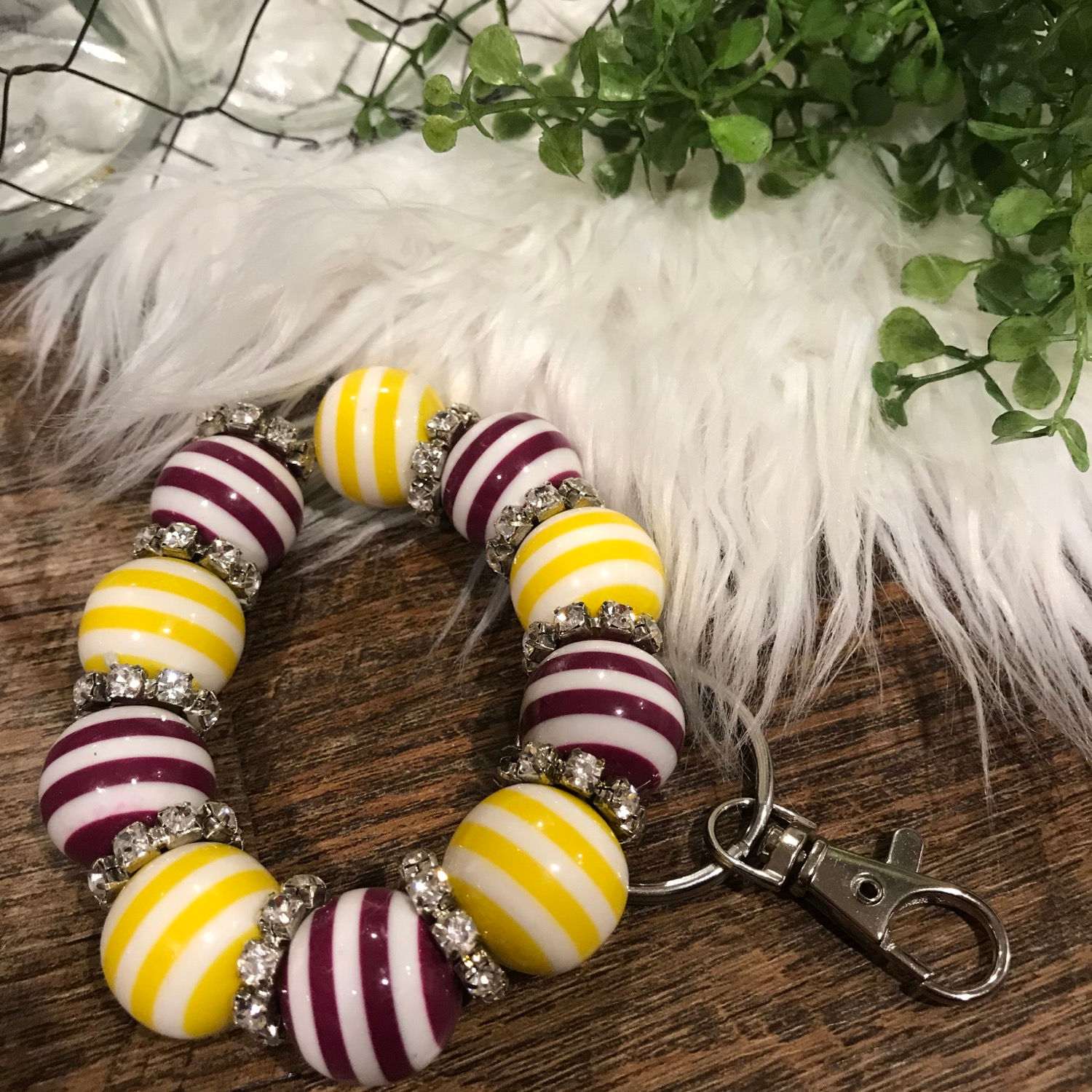 Burgandy and Yellow Striped Keychain