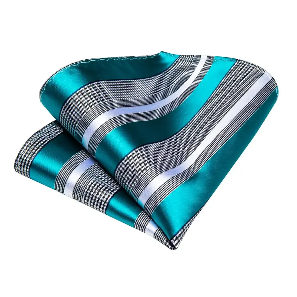 Thumbnail: Gift Men Tie Teal Blue White Striped Silk Wedding Tie set