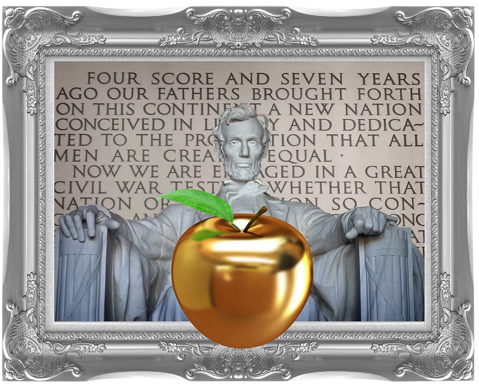 Lincoln statue framed by Gettysburg Address text, with a gold apple over his chest.