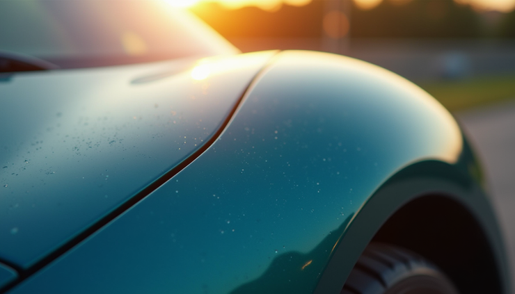 Close-up view of a car’s glossy paint surface after ceramic coating