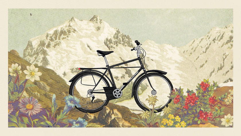 A still image of a 2D animation motion graphic design of a cleland mountain bike in the mountains with flowers in a vintage postcard style